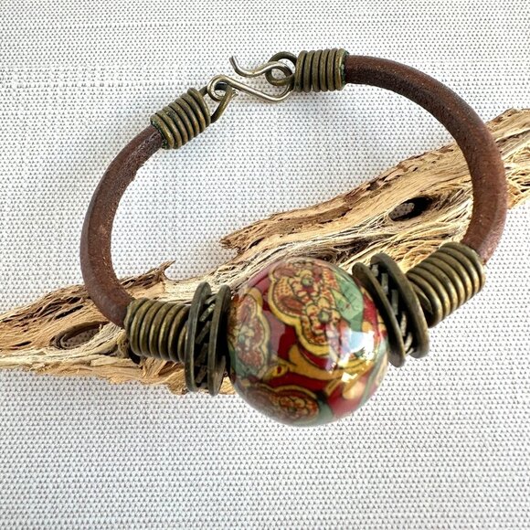 Vintage Boho Ceramic Bracelet, Leather Cord Choker - Picture 1 of 7